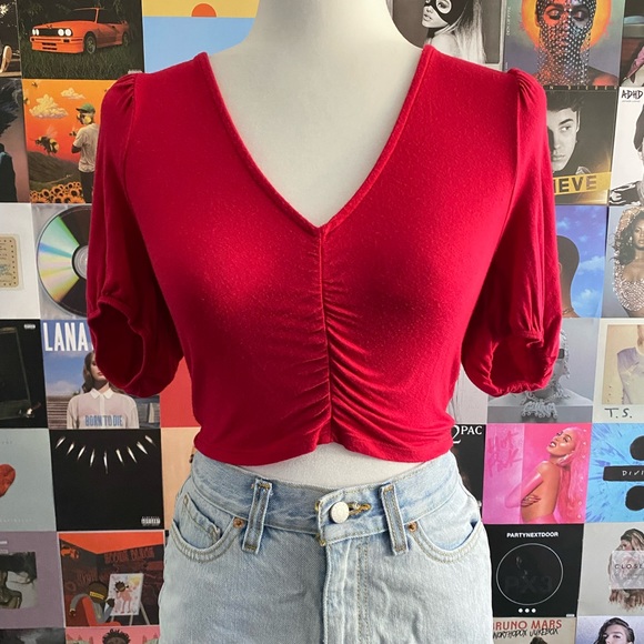 Lulus Big Deal Berry Red Ruched Puff Sleeve Crop Top - New Without Tags ❤️༉‧₊˚🕯️ - Picture 2 of 3